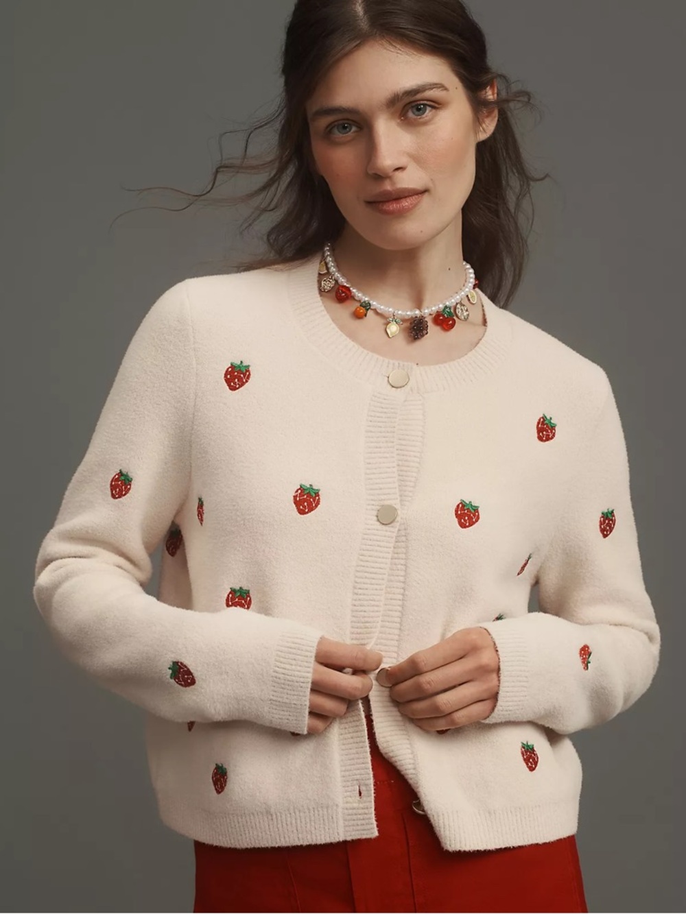 NWT NVLT Strawberry Print Knit Lady Jacket Cream Pink Red M Medium